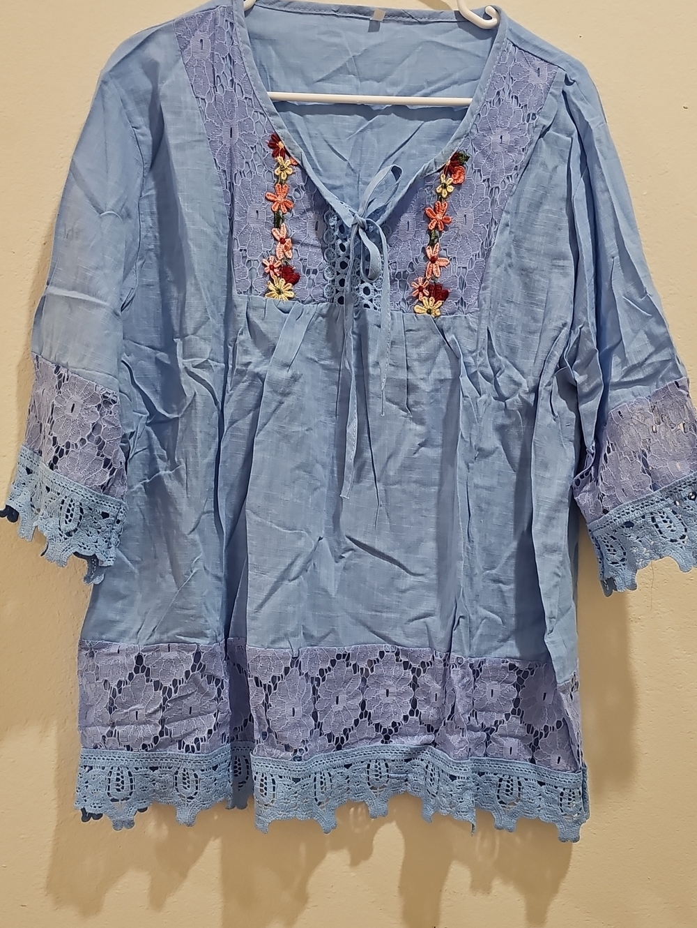Light Blue Lace-Trim Peasant Top with Floral Embroidery